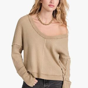 NWOT Free People Taupe Ribbed Knit sweater top scoop neck off the shoulder